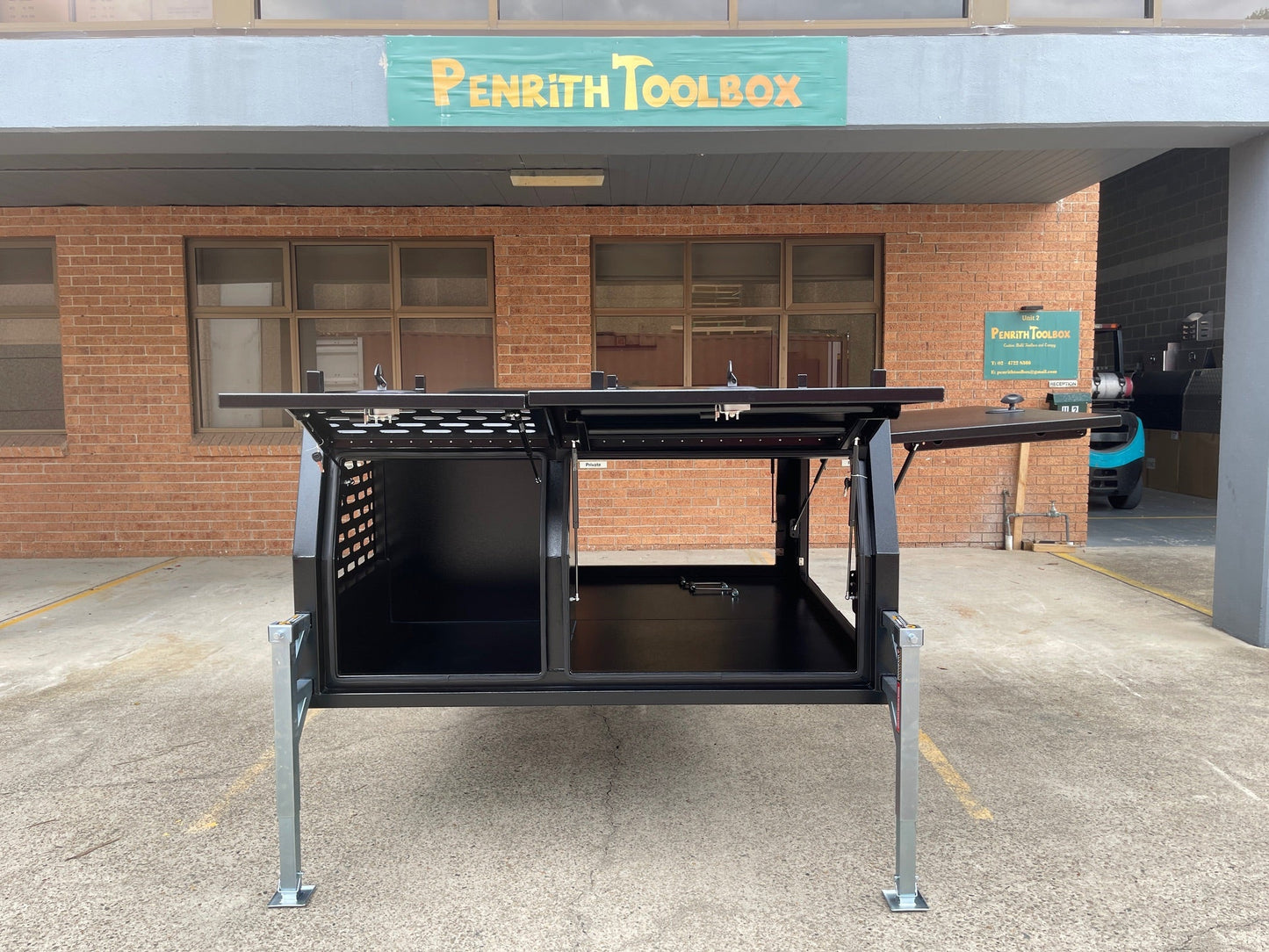 Black 1800mm Canopy with 1/4 Dog Cage - 4 Doors - Flat Alloy - Jack off with Legs - 2.5mm Marine Grade