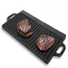 1X Cast Iron Double Sided Griddle 50x23cm Flat/Ridged for Family Meals BBQ