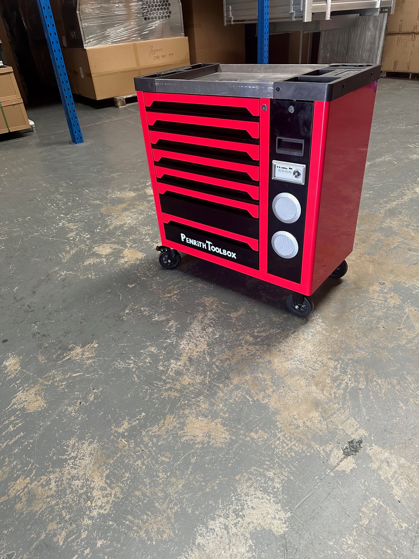 Heavy Duty 7 Drawer Tool Trolley Cabinet with Sliding Pantry - 6 Trays of Professional Tools  - Inbuilt Bluetooth Speaker - Phone Charger