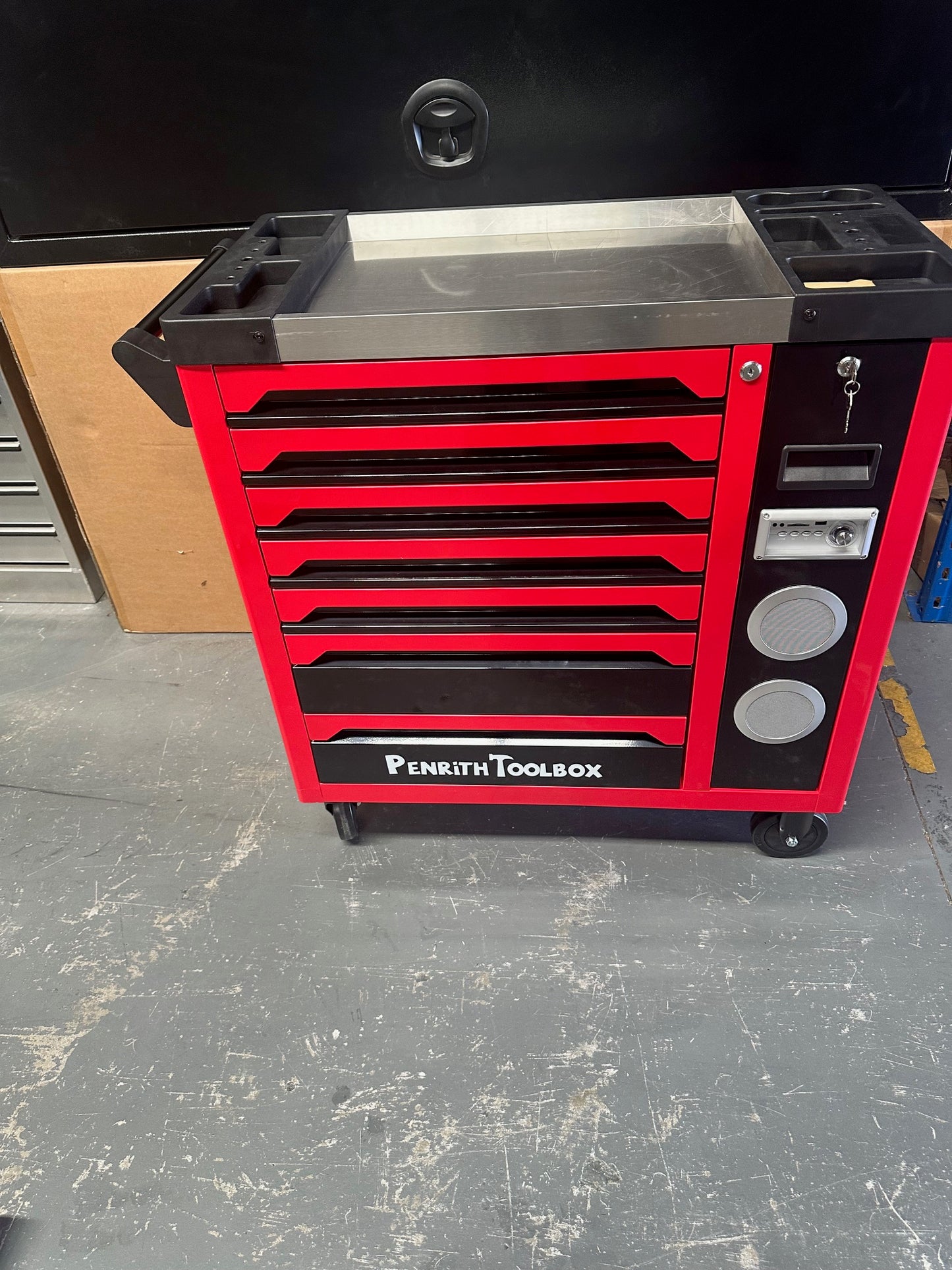 Heavy Duty 7 Drawer Tool Trolley Cabinet with Sliding Pantry - 6 Trays of Professional Tools  - Inbuilt Bluetooth Speaker - Phone Charger