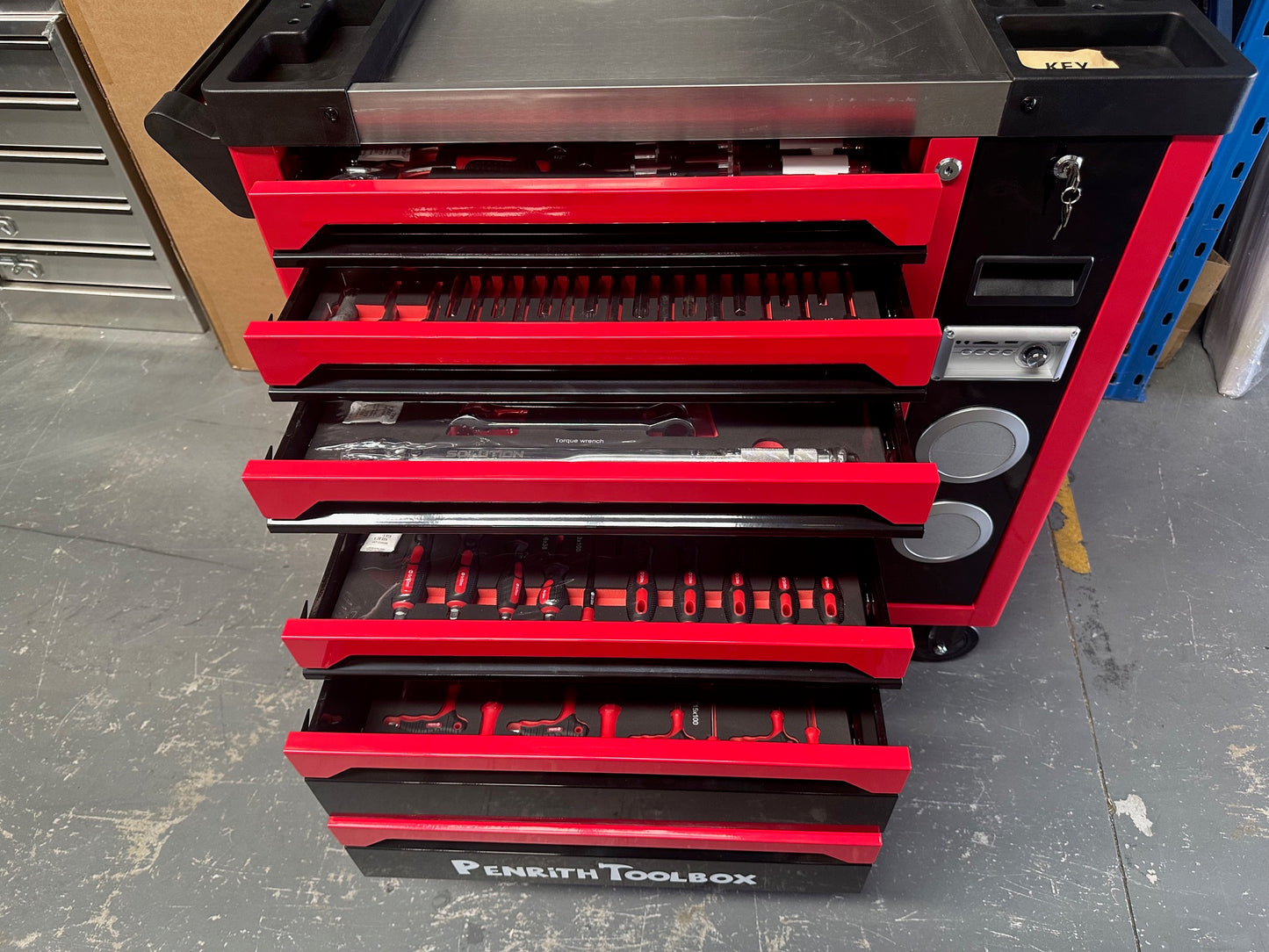 Heavy Duty 7 Drawer Tool Trolley Cabinet with Sliding Pantry - 6 Trays of Professional Tools  - Inbuilt Bluetooth Speaker - Phone Charger