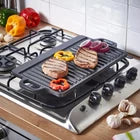 1X Cast Iron Double Sided Griddle 50x23cm Flat/Ridged for Family Meals BBQ