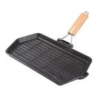 1x Foldable Handle Cast Iron Frying Pan 21x35cm Ridged Bottom Solid Wood Grip