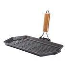 1x Foldable Handle Cast Iron Frying Pan 21x35cm Ridged Bottom Solid Wood Grip