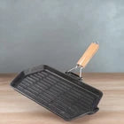 1x Foldable Handle Cast Iron Frying Pan 21x35cm Ridged Bottom Solid Wood Grip
