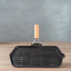 1x Foldable Handle Cast Iron Frying Pan 21x35cm Ridged Bottom Solid Wood Grip