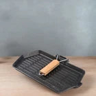 1x Foldable Handle Cast Iron Frying Pan 21x35cm Ridged Bottom Solid Wood Grip